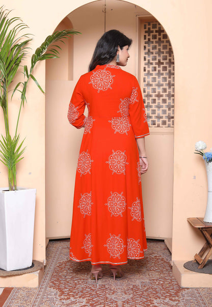 Miravan Womens Orange Mandarin-Neck Printed Anarkali Style Kurta