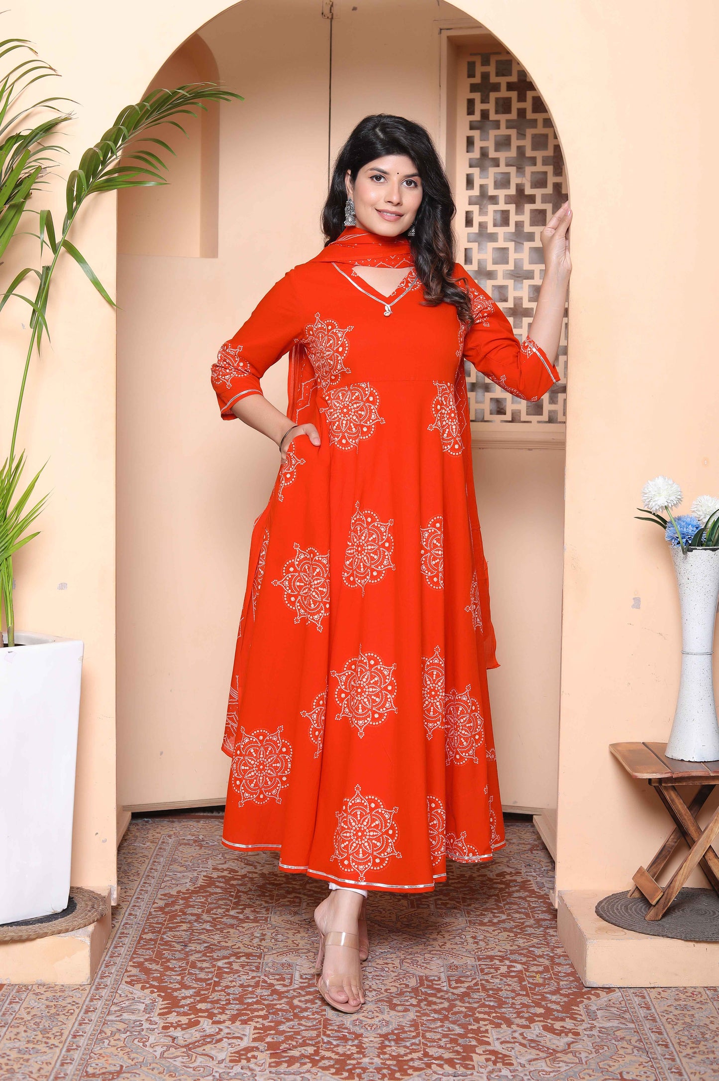 Miravan Womens Orange Floral Cotton Printed Anarkali Kurta wit Dupatta