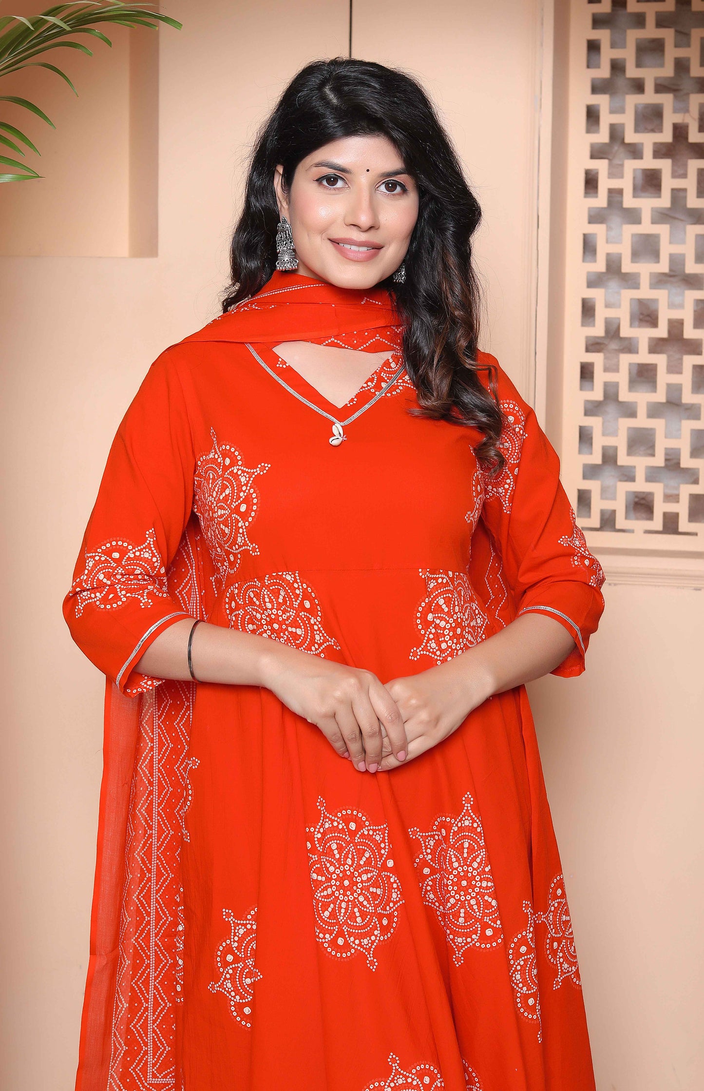 Miravan Womens Orange Floral Cotton Printed Anarkali Kurta wit Dupatta