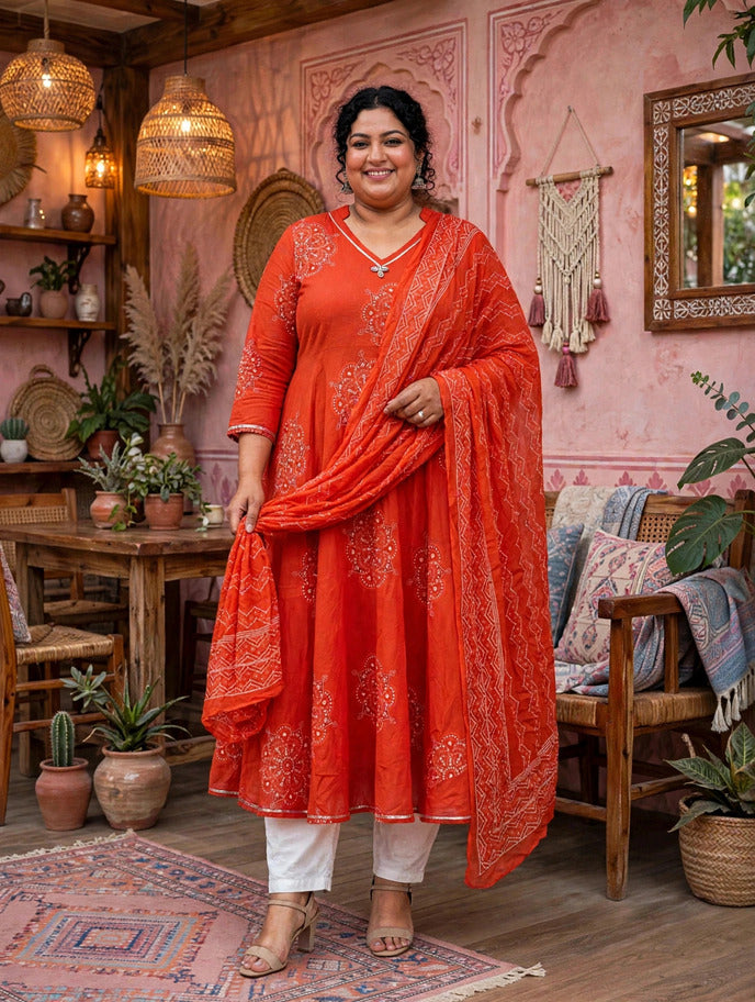 Miravan Womens Plus Size Orange Floral Cotton Printed Anarkali Kurta wit Dupatta