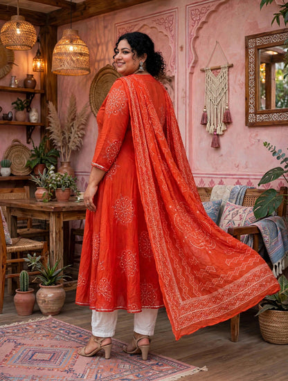 Miravan Womens Plus Size Orange Floral Cotton Printed Anarkali Kurta wit Dupatta