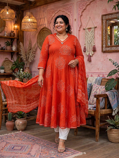 Miravan Womens Plus Size Orange Floral Cotton Printed Anarkali Kurta wit Dupatta