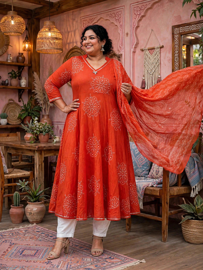 Miravan Womens Plus Size Orange Floral Cotton Printed Anarkali Kurta wit Dupatta