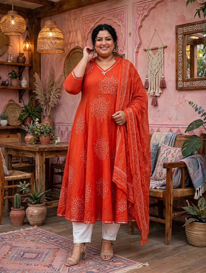 Miravan Womens Plus Size Orange Floral Cotton Printed Anarkali Kurta wit Dupatta