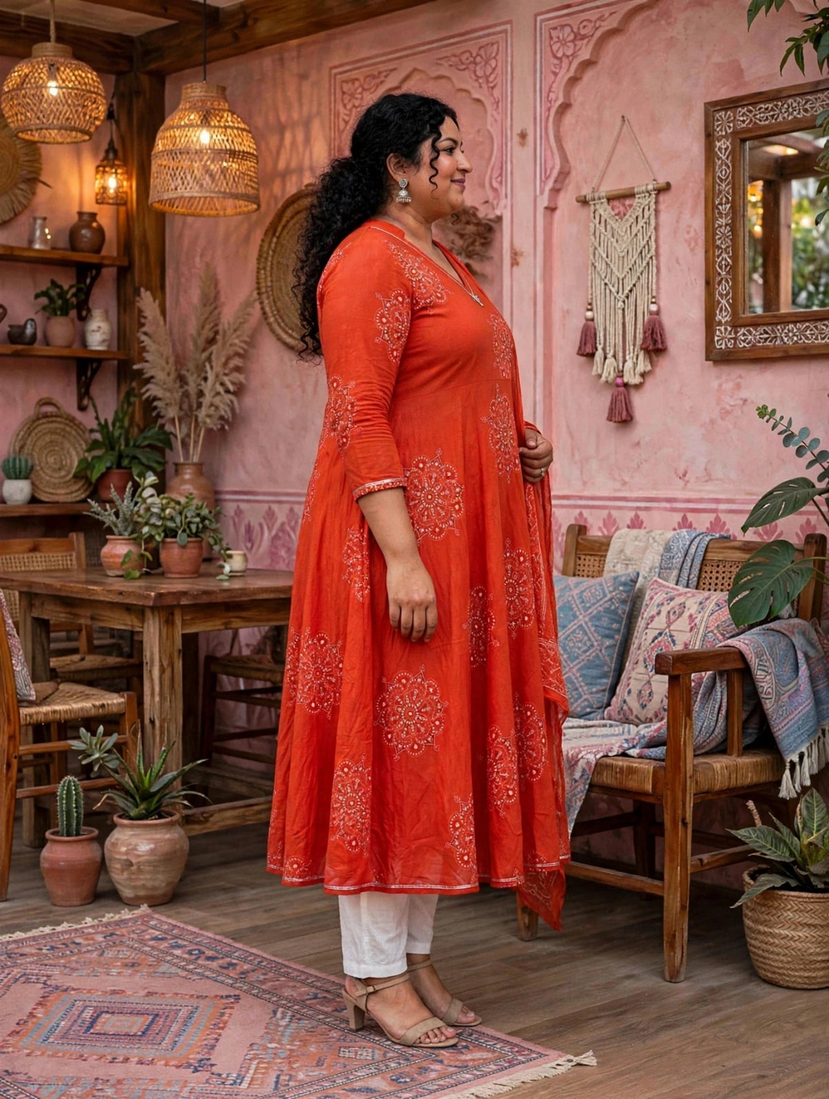 Miravan Womens Plus Size Orange Floral Cotton Printed Anarkali Kurta wit Dupatta