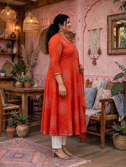 Miravan Womens Plus Size Orange Floral Cotton Printed Anarkali Kurta wit Dupatta