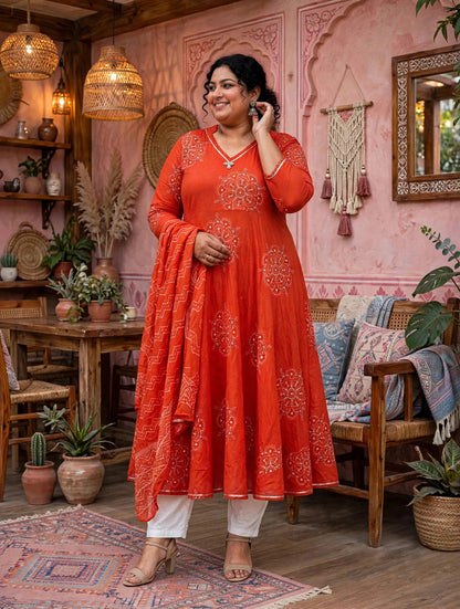 Miravan Womens Plus Size Orange Floral Cotton Printed Anarkali Kurta wit Dupatta