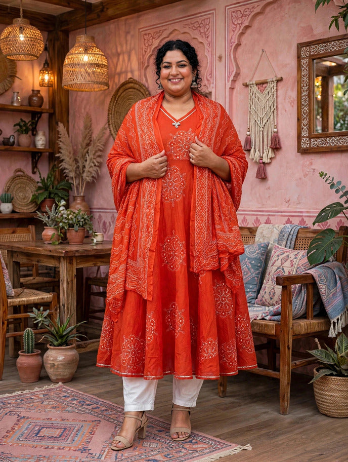 Miravan Womens Plus Size Orange Floral Cotton Printed Anarkali Kurta wit Dupatta