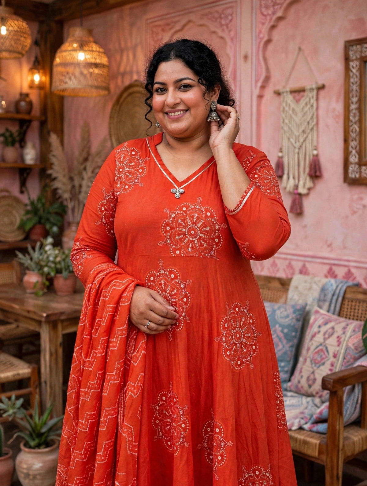 Miravan Womens Plus Size Orange Floral Cotton Printed Anarkali Kurta wit Dupatta