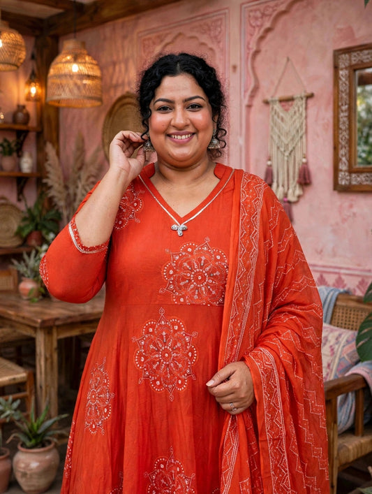 Miravan Womens Plus Size Orange Floral Cotton Printed Anarkali Kurta wit Dupatta