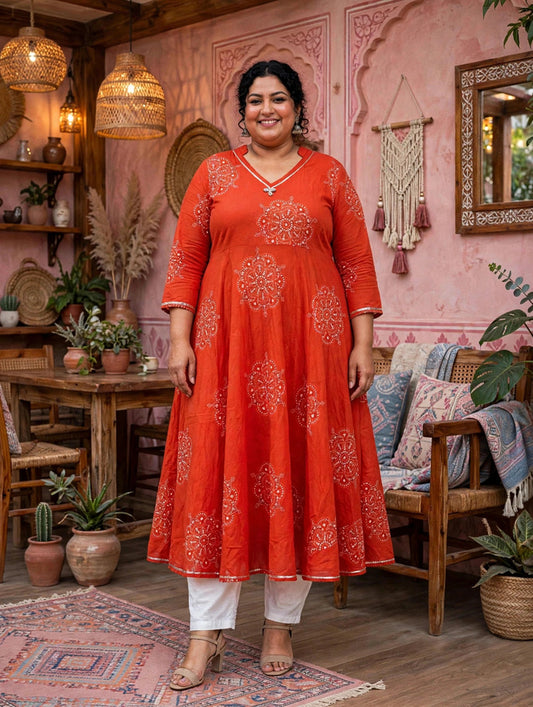 Miravan Womens Plus Size Orange V-Neck Printed Anarkali Style Kurta