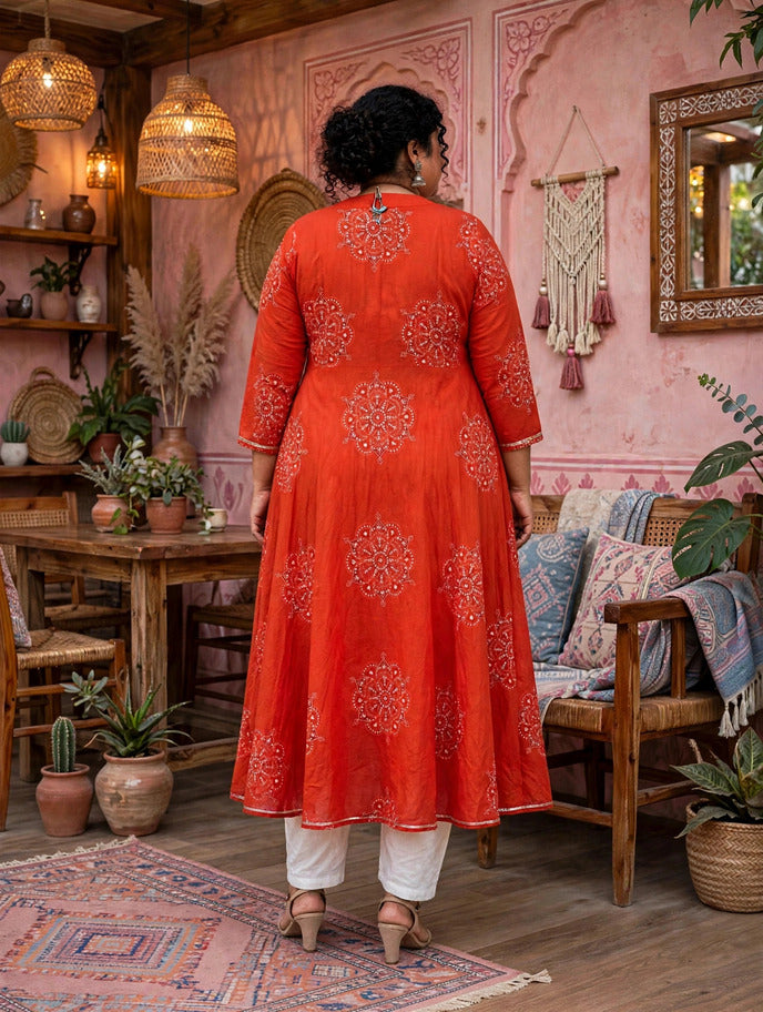 Miravan Womens Plus Size Orange V-Neck Printed Anarkali Style Kurta