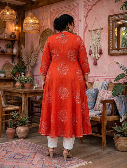 Miravan Womens Plus Size Orange V-Neck Printed Anarkali Style Kurta