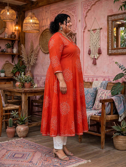 Miravan Womens Plus Size Orange V-Neck Printed Anarkali Style Kurta