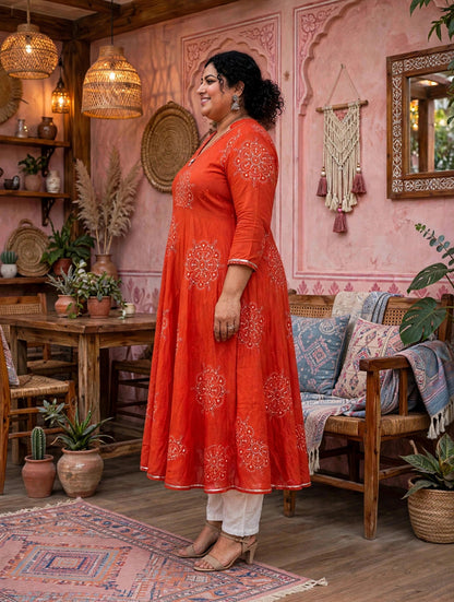 Miravan Womens Plus Size Orange V-Neck Printed Anarkali Style Kurta