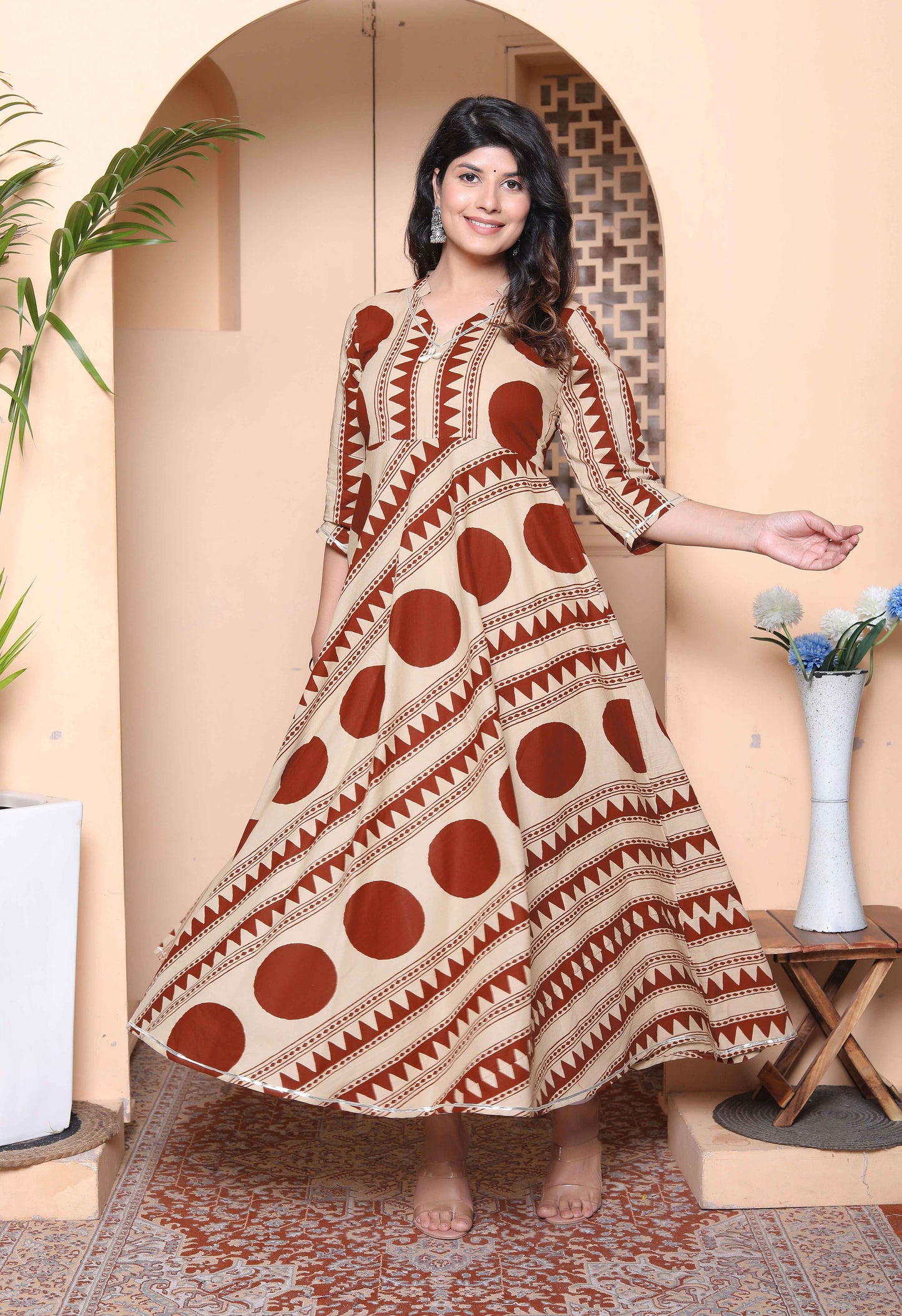 Miravan Womens Brown Printed Mandarin-neck Anarkali Kurta