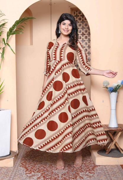 Miravan Womens Brown Printed Mandarin-neck Anarkali Kurta