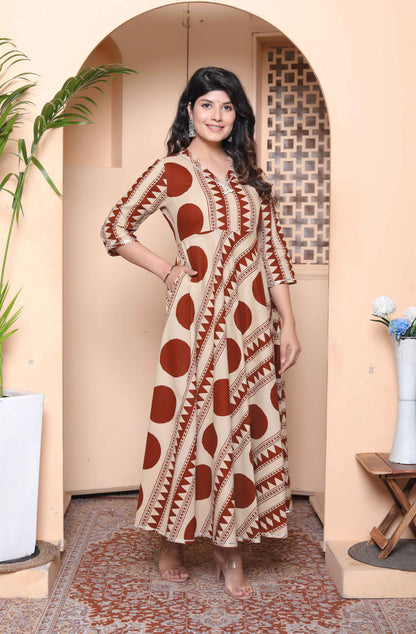 Miravan Womens Brown Printed Mandarin-neck Anarkali Kurta
