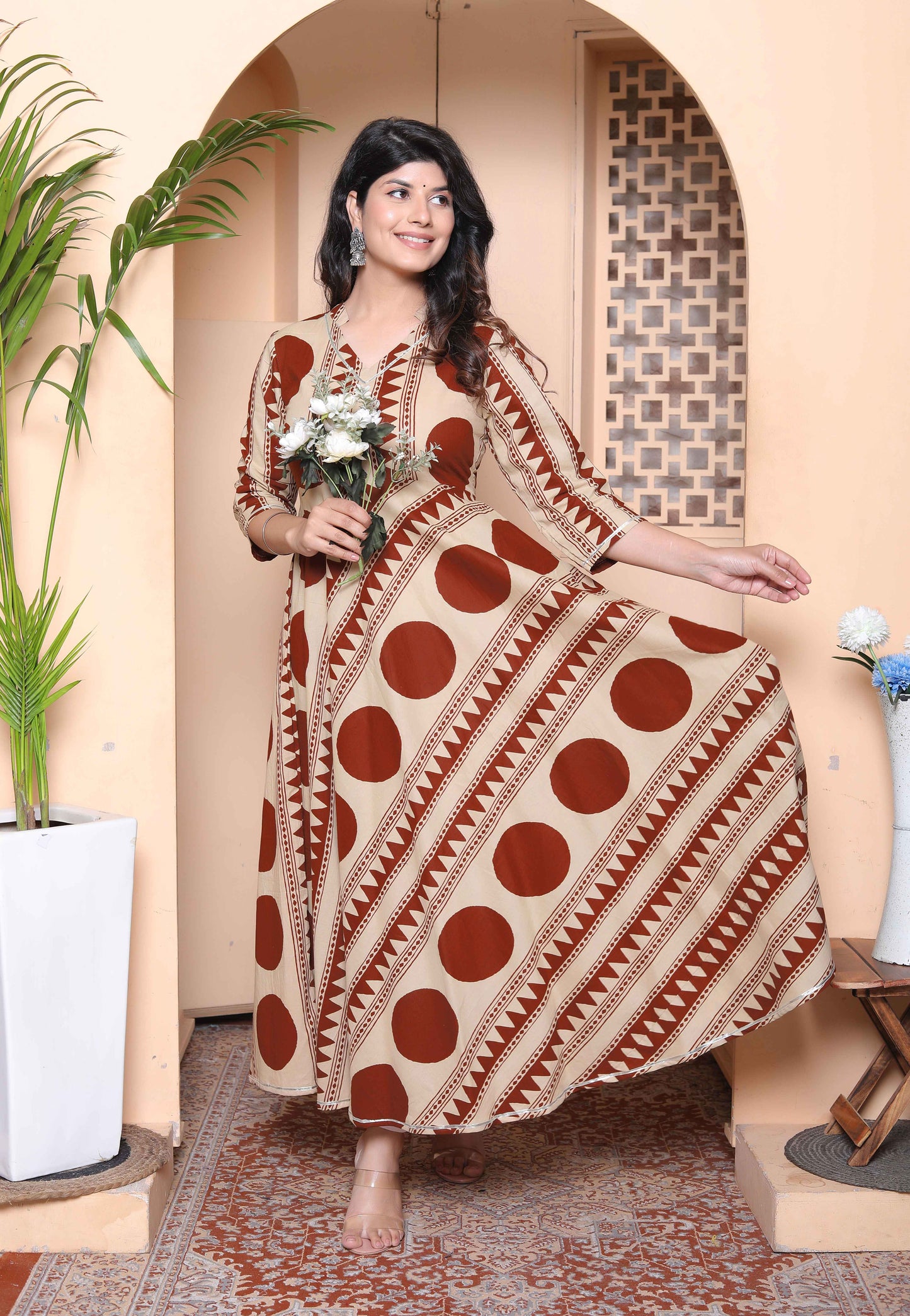 Miravan Womens Brown Printed Mandarin-neck Anarkali Kurta