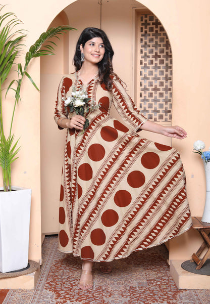Miravan Womens Brown Printed Mandarin-neck Anarkali Kurta