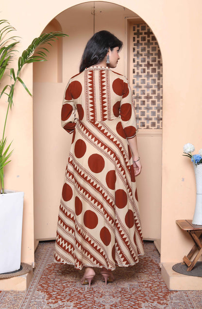 Miravan Womens Brown Printed Mandarin-neck Anarkali Kurta