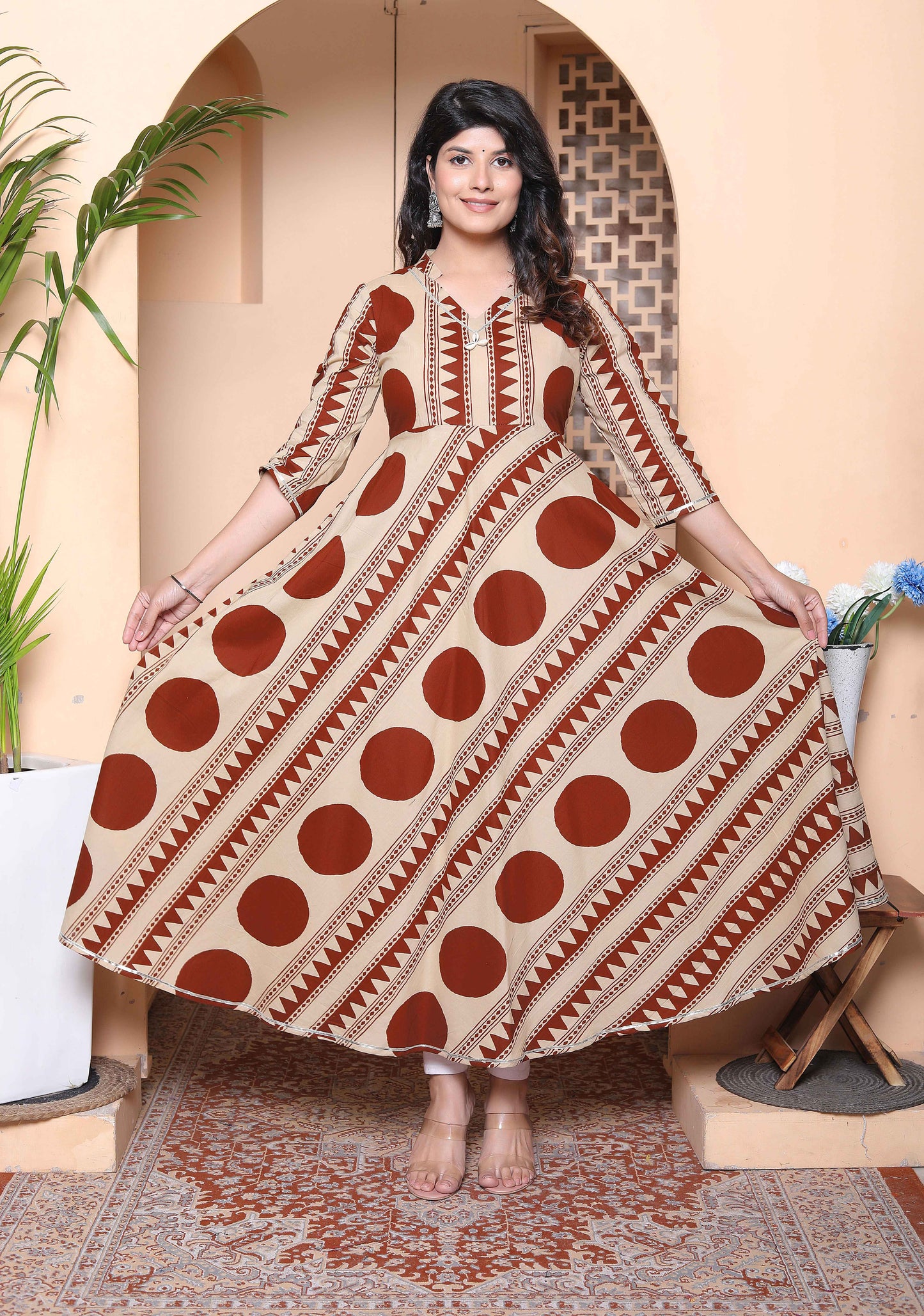 Miravan Womens Brown Printed Mandarin-neck Anarkali Kurta