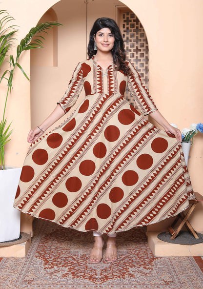 Miravan Womens Brown Printed Mandarin-neck Anarkali Kurta