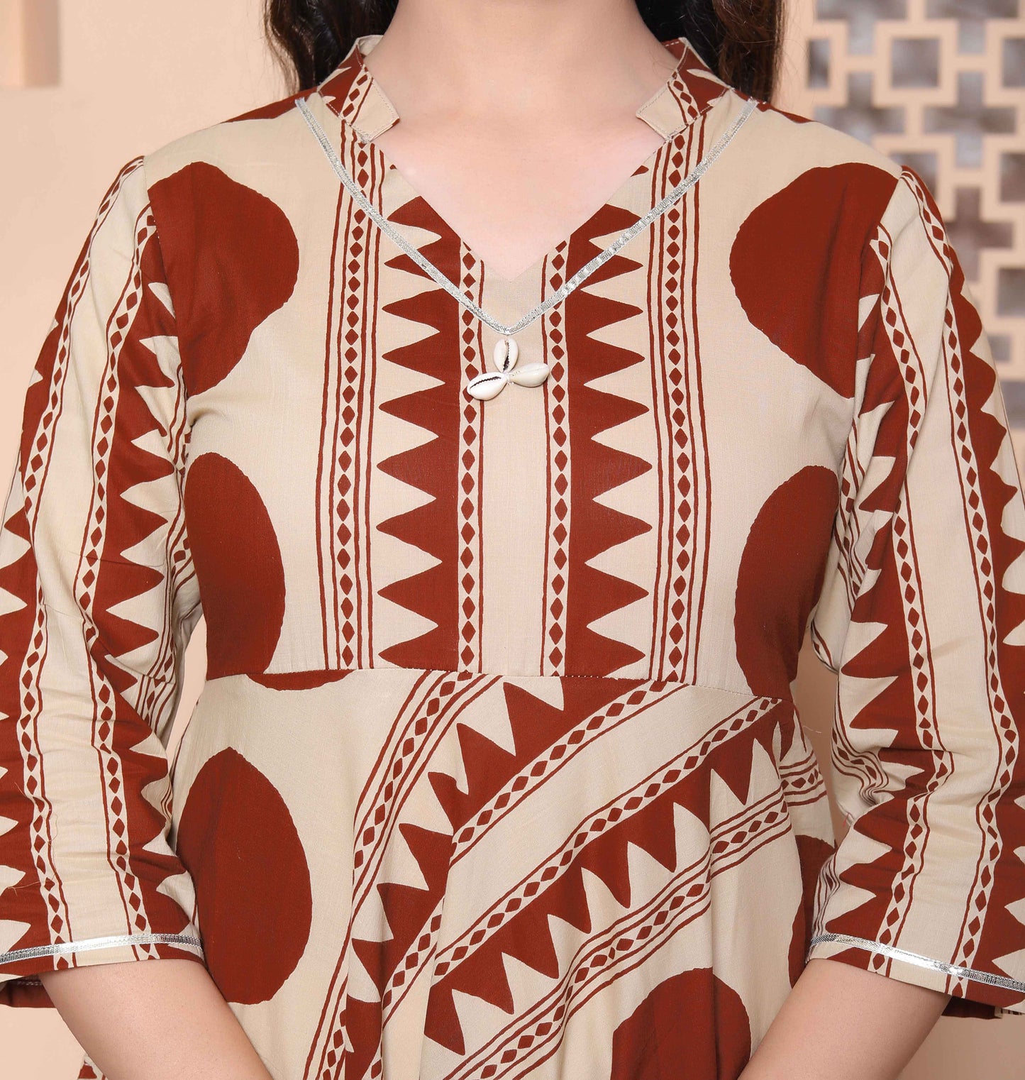 Miravan Womens Brown Printed Mandarin-neck Anarkali Kurta