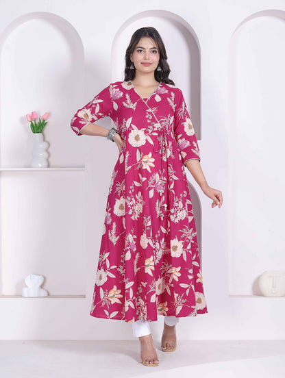 Miravan Womens Pink Floral Printed Angrakha Kurta