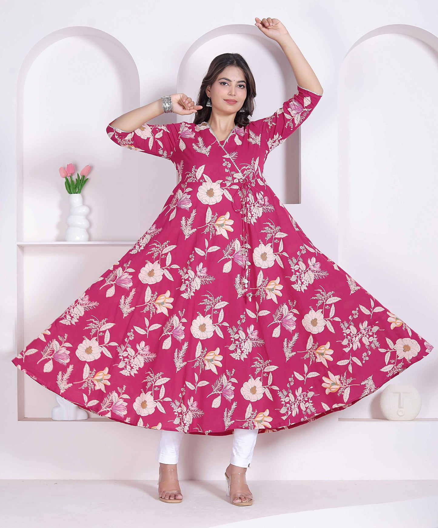 Miravan Womens Pink Floral Printed Angrakha Kurta