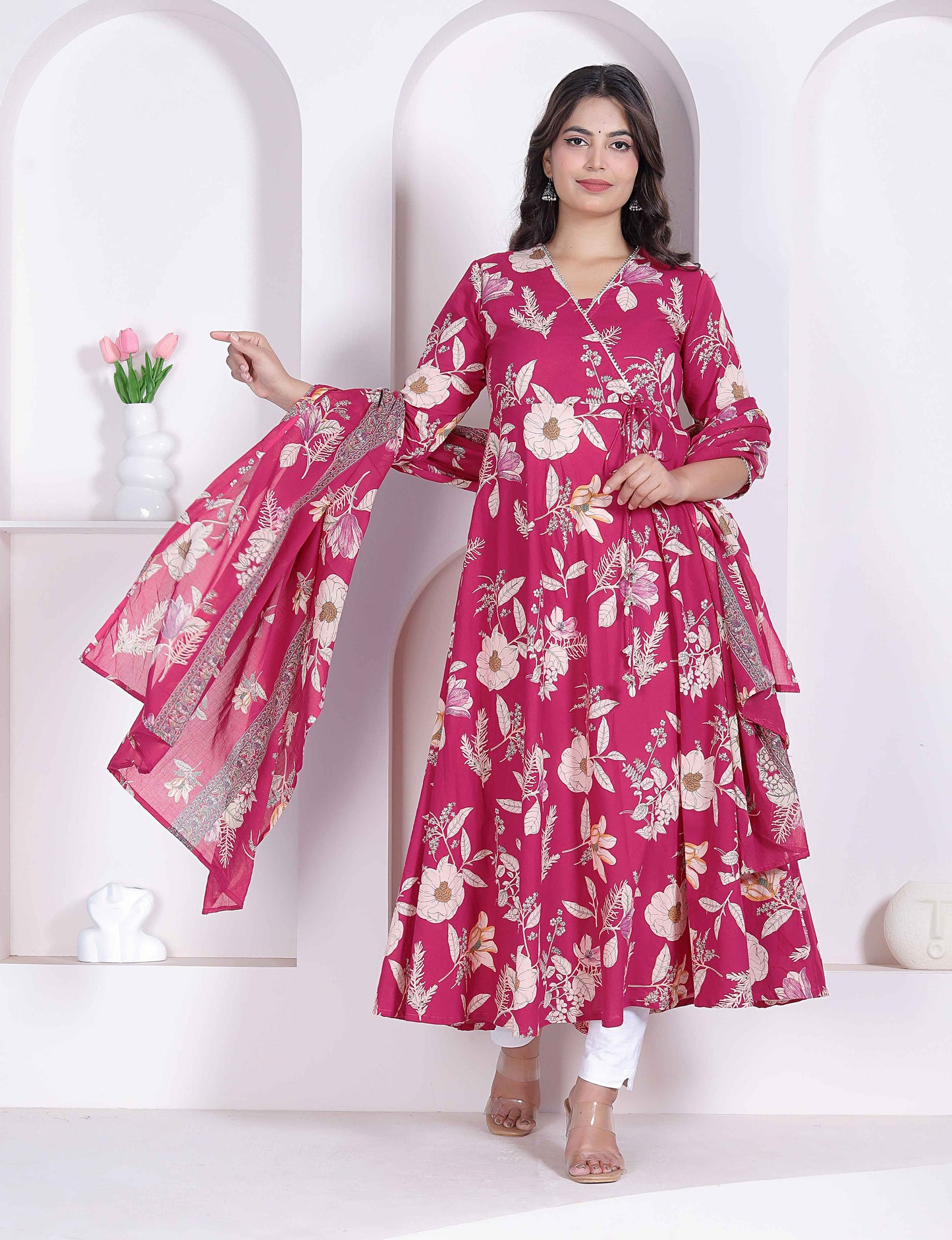 Miravan Womens Pink Floral Printed Angrakha Kurta with Dupatta