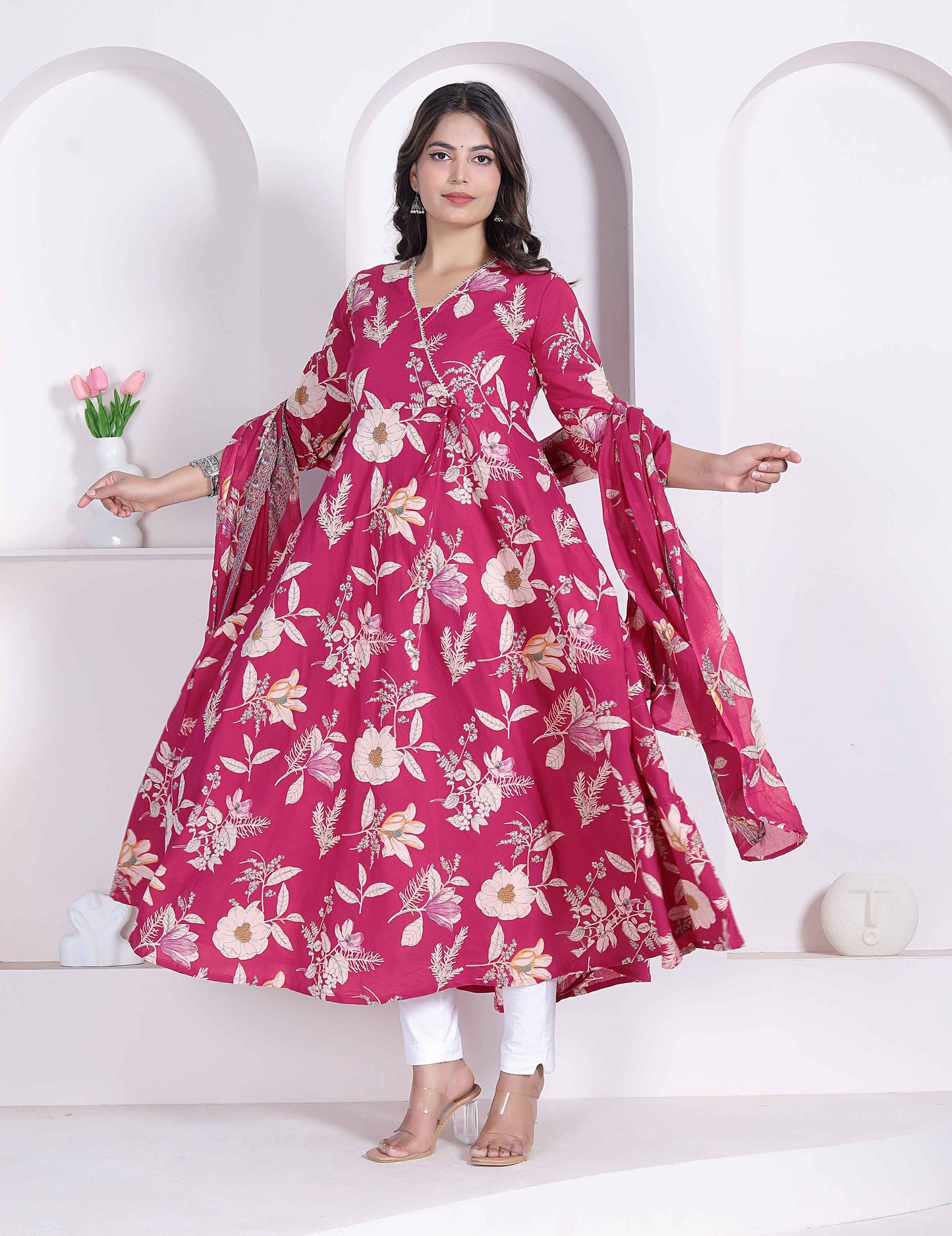 Miravan Womens Pink Floral Printed Angrakha Kurta with Dupatta