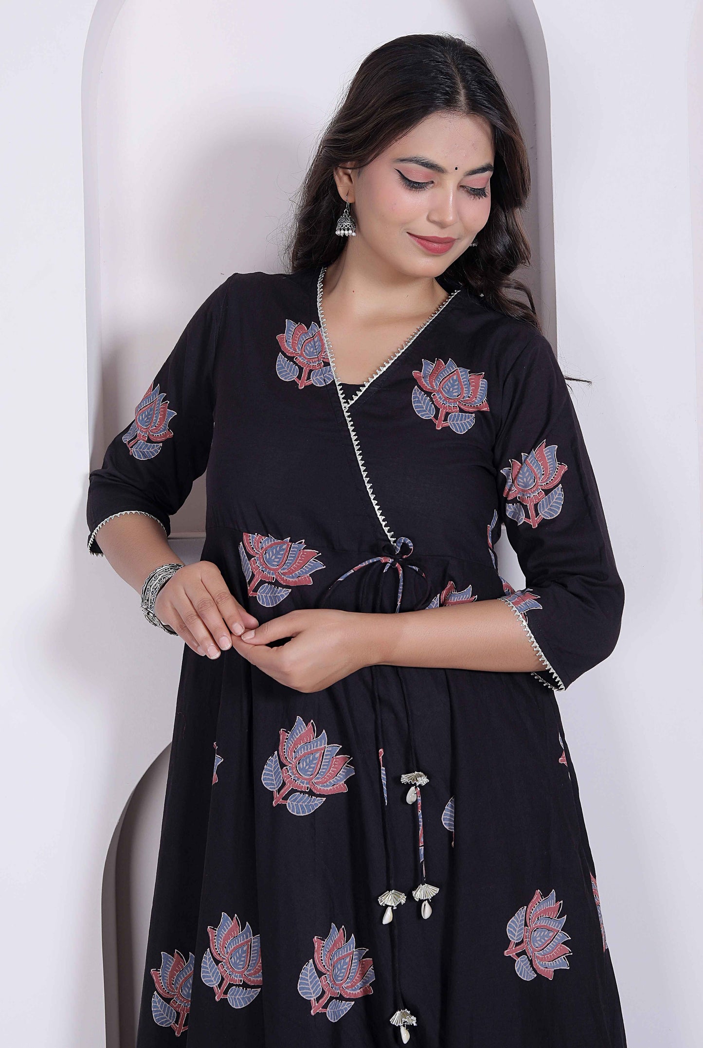 Miravan womens Cotton Floral Print Anarkali Kurta-Black