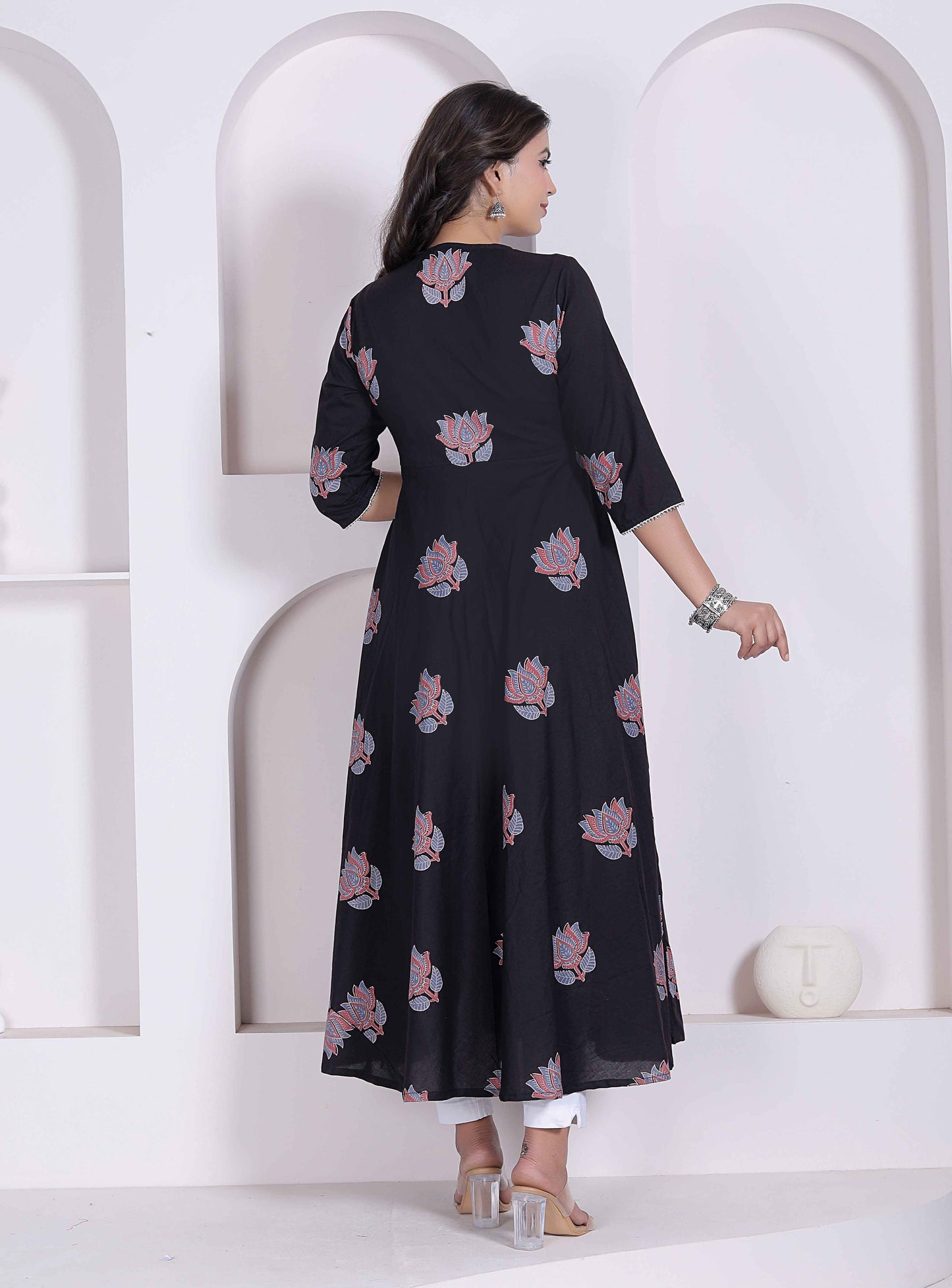 Miravan womens Cotton Floral Print Anarkali Kurta-Black