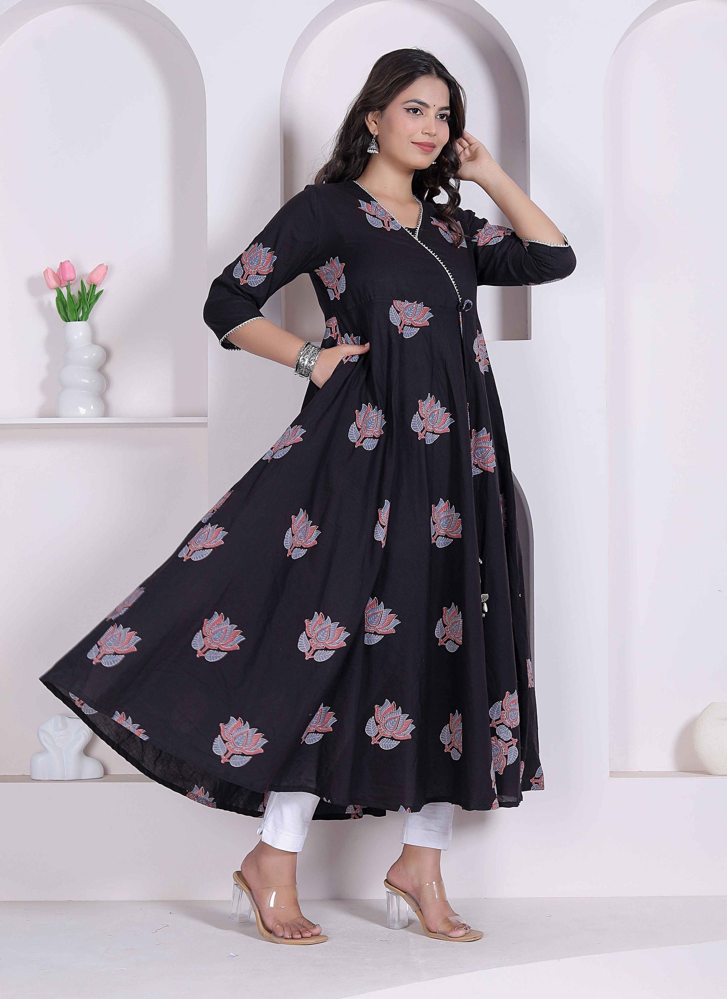 Miravan womens Cotton Floral Print Anarkali Kurta-Black