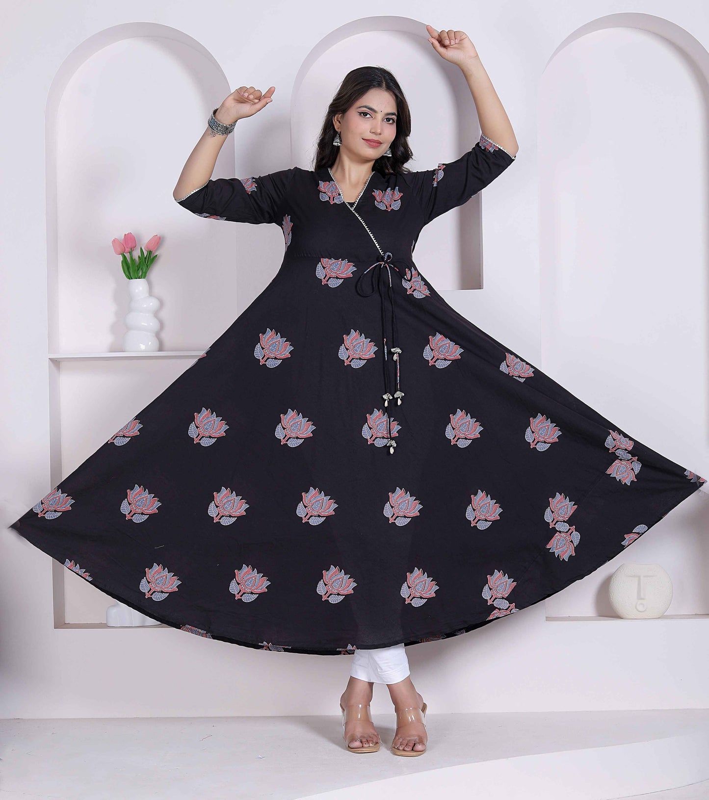 Miravan womens Cotton Floral Print Anarkali Kurta-Black