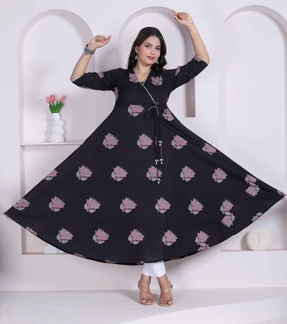 Miravan womens Cotton Floral Print Anarkali Kurta-Black