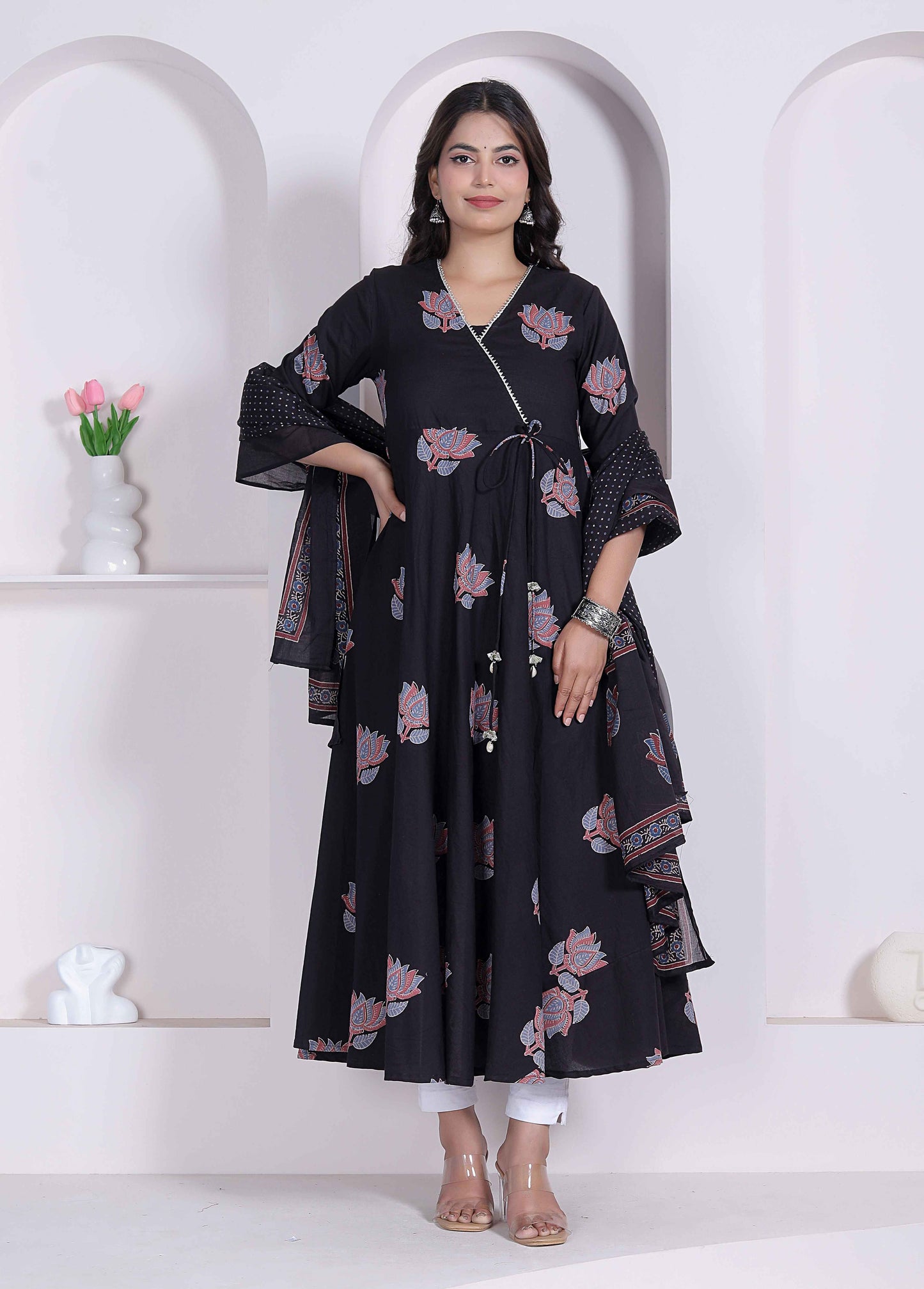 Miravan Black Printed Cotton Anarkali Kurta & Dupatta for Women