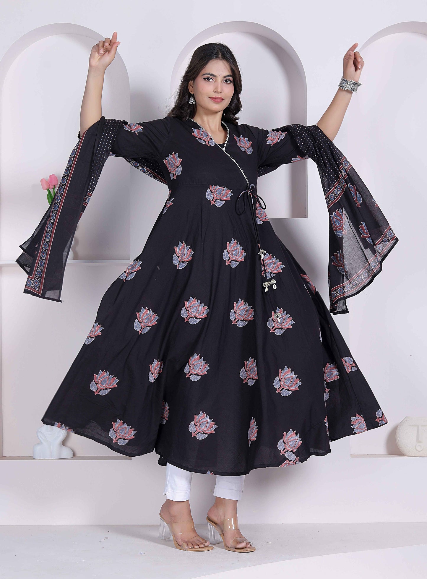 Miravan Black Printed Cotton Anarkali Kurta & Dupatta for Women
