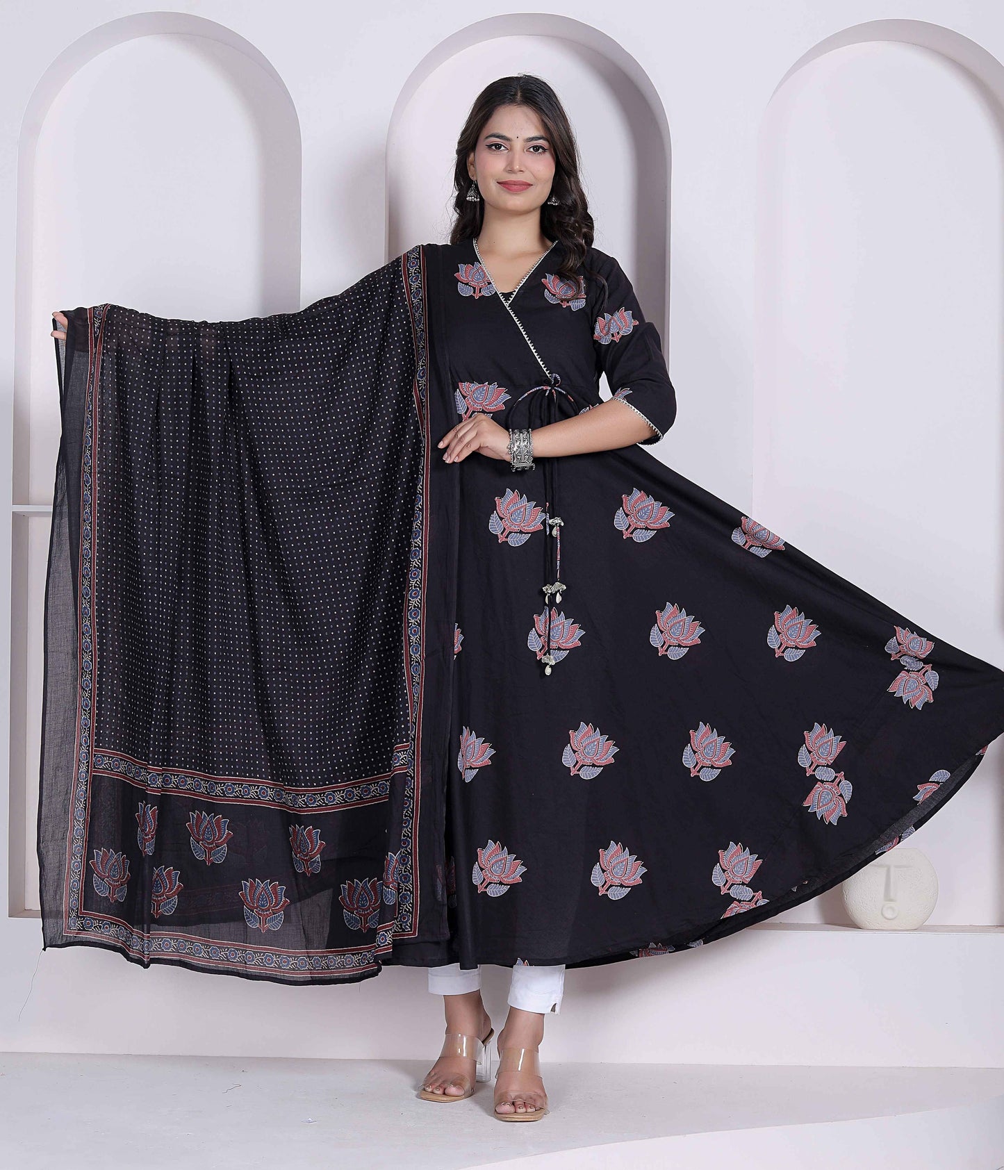 Miravan Black Printed Cotton Anarkali Kurta & Dupatta for Women