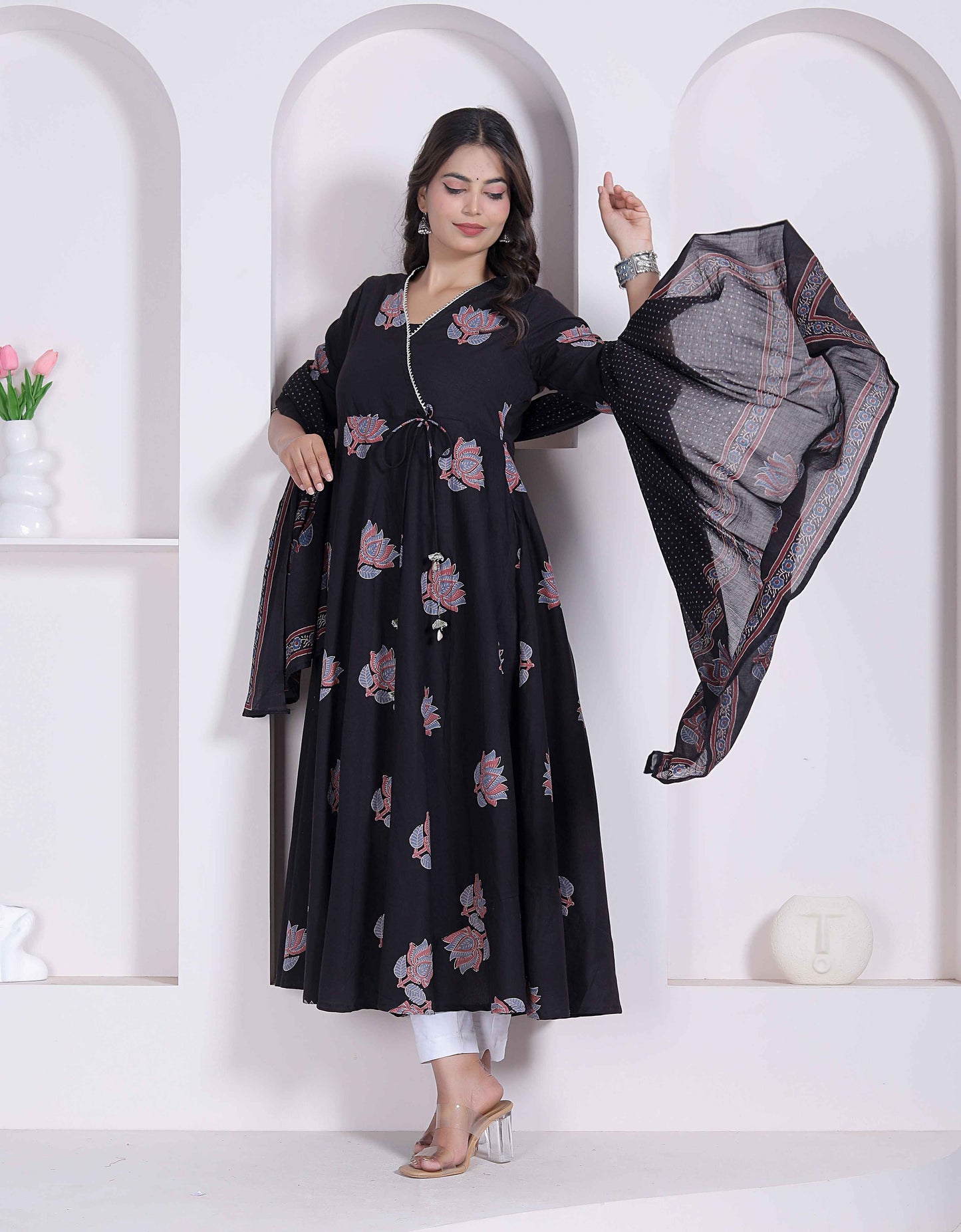 Miravan Black Printed Cotton Anarkali Kurta & Dupatta for Women