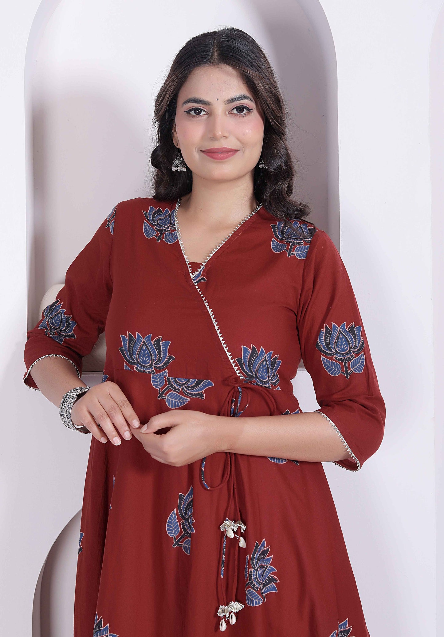 Miravan Women Rust Floral Printed Angrakha Kurta and Dupatta
