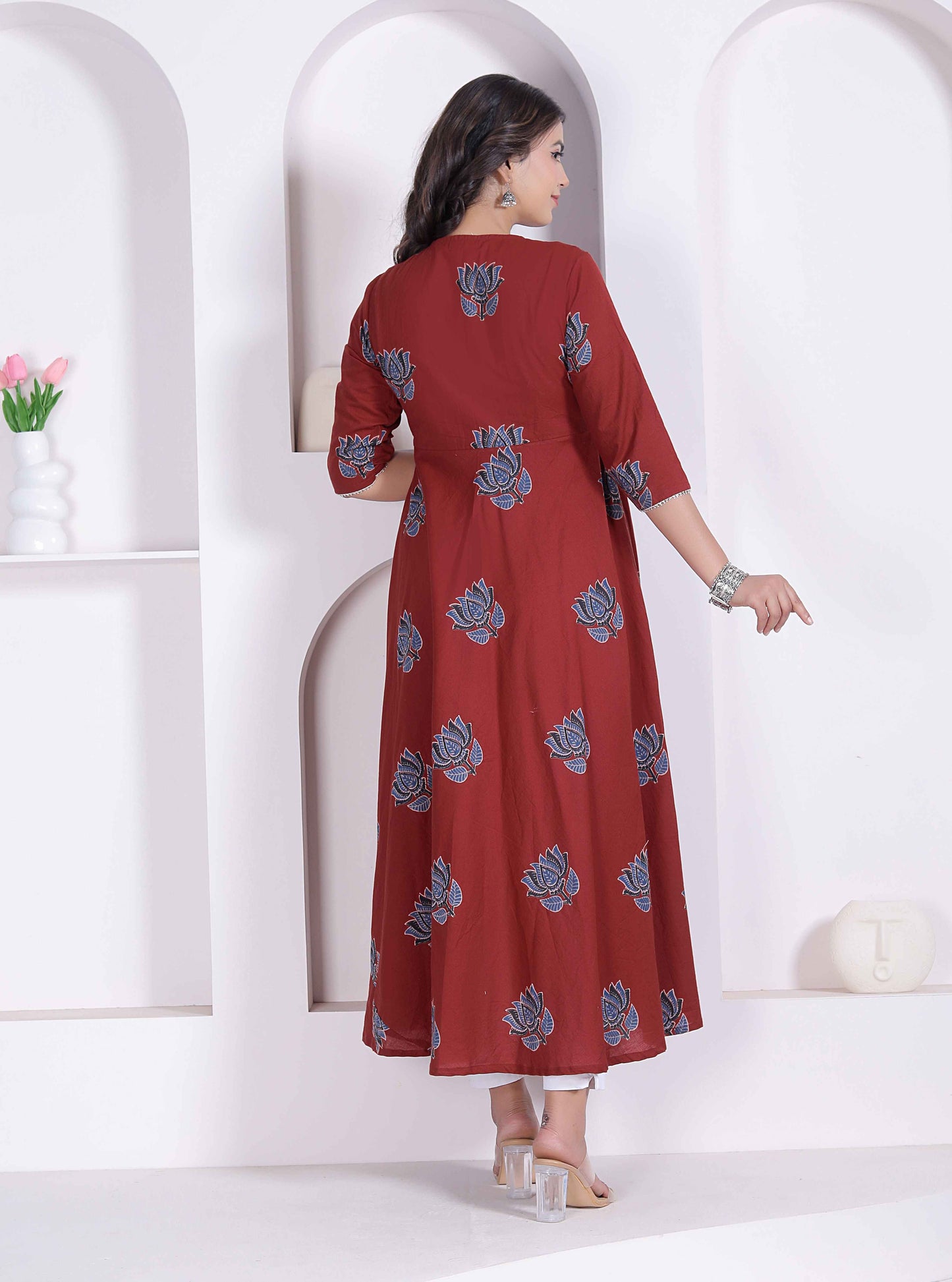 Miravan Womens Rust floral Printed Pure Cotton Gota Patti Angrakha Kurta