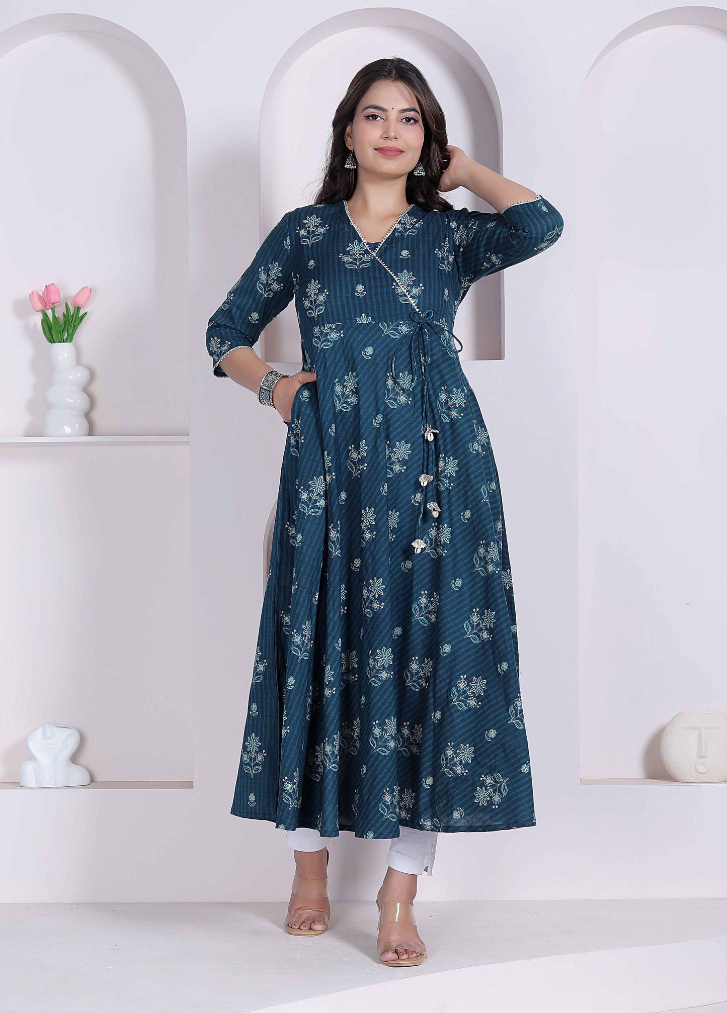 Miravan Womens blue Ethnic Motifs Printed V-Neck  Cotton Angrakha Kurta