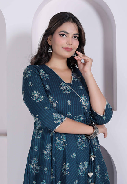 Miravan Womens blue Ethnic Motifs Printed V-Neck  Cotton Angrakha Kurta
