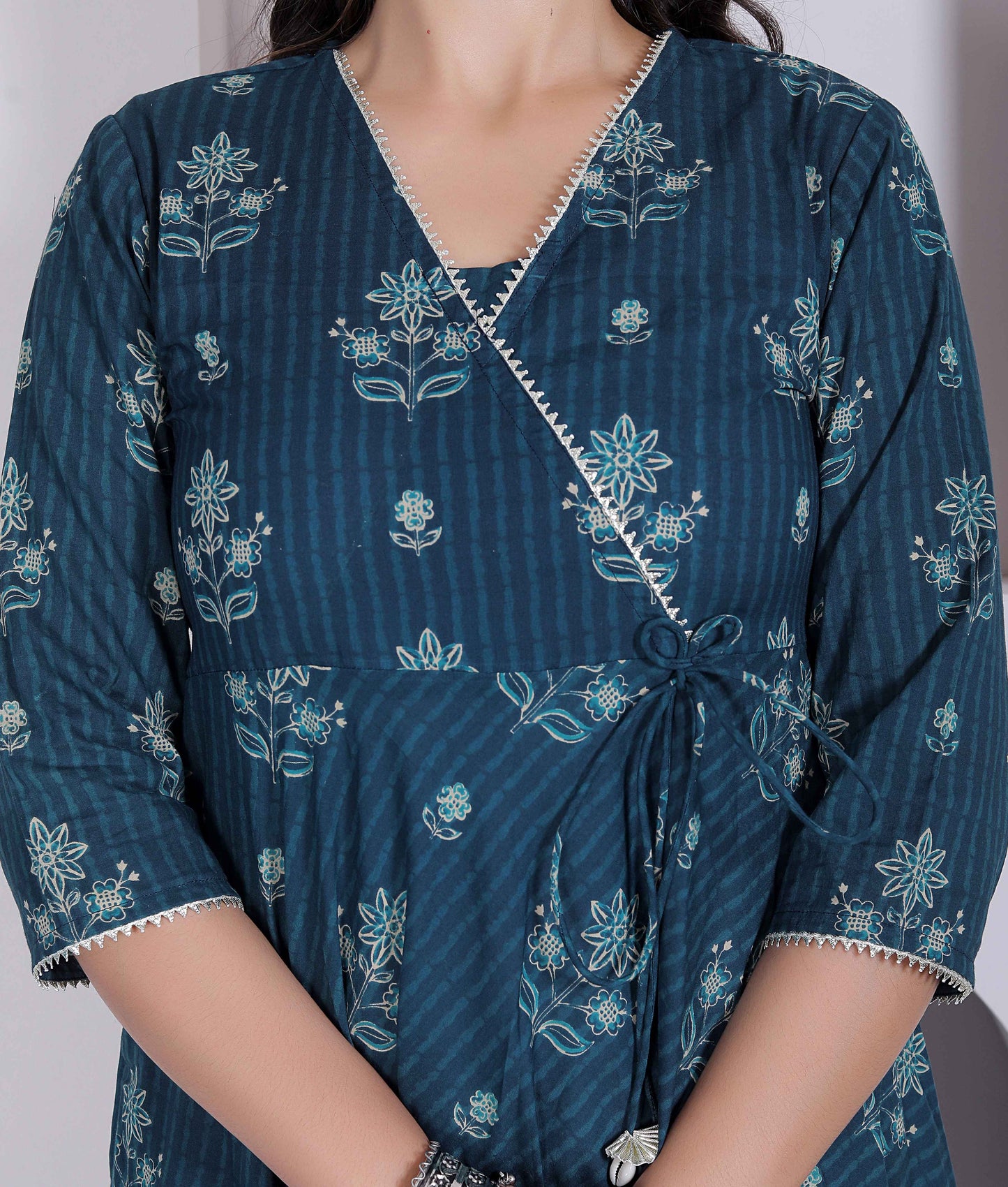 Miravan Womens blue Ethnic Motifs Printed V-Neck  Cotton Angrakha Kurta