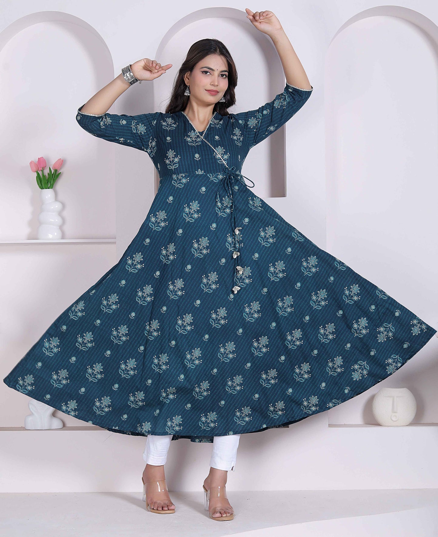 Miravan Womens blue Ethnic Motifs Printed V-Neck  Cotton Angrakha Kurta