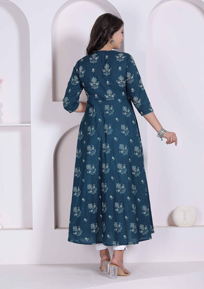 Miravan Womens blue Ethnic Motifs Printed V-Neck  Cotton Angrakha Kurta