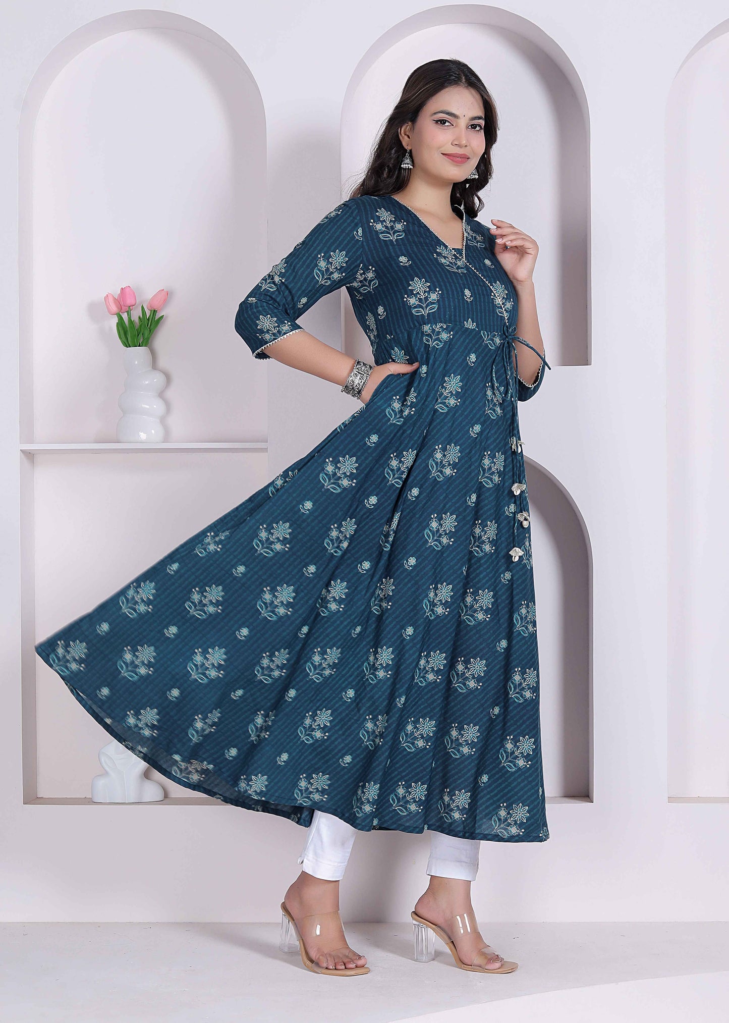 Miravan Womens blue Ethnic Motifs Printed V-Neck  Cotton Angrakha Kurta