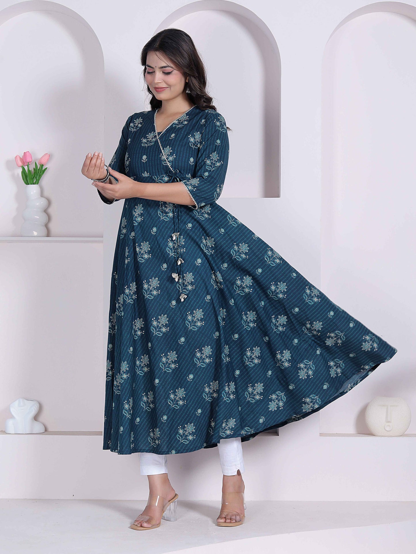 Miravan Womens blue Ethnic Motifs Printed V-Neck  Cotton Angrakha Kurta